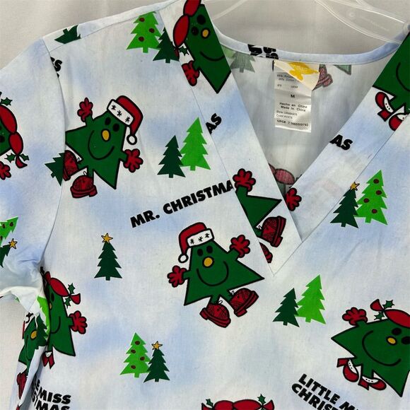 Mr. Men & Little Miss Christmas Scrub Top Unisex Size Medium White Patterned - Picture 2 of 8